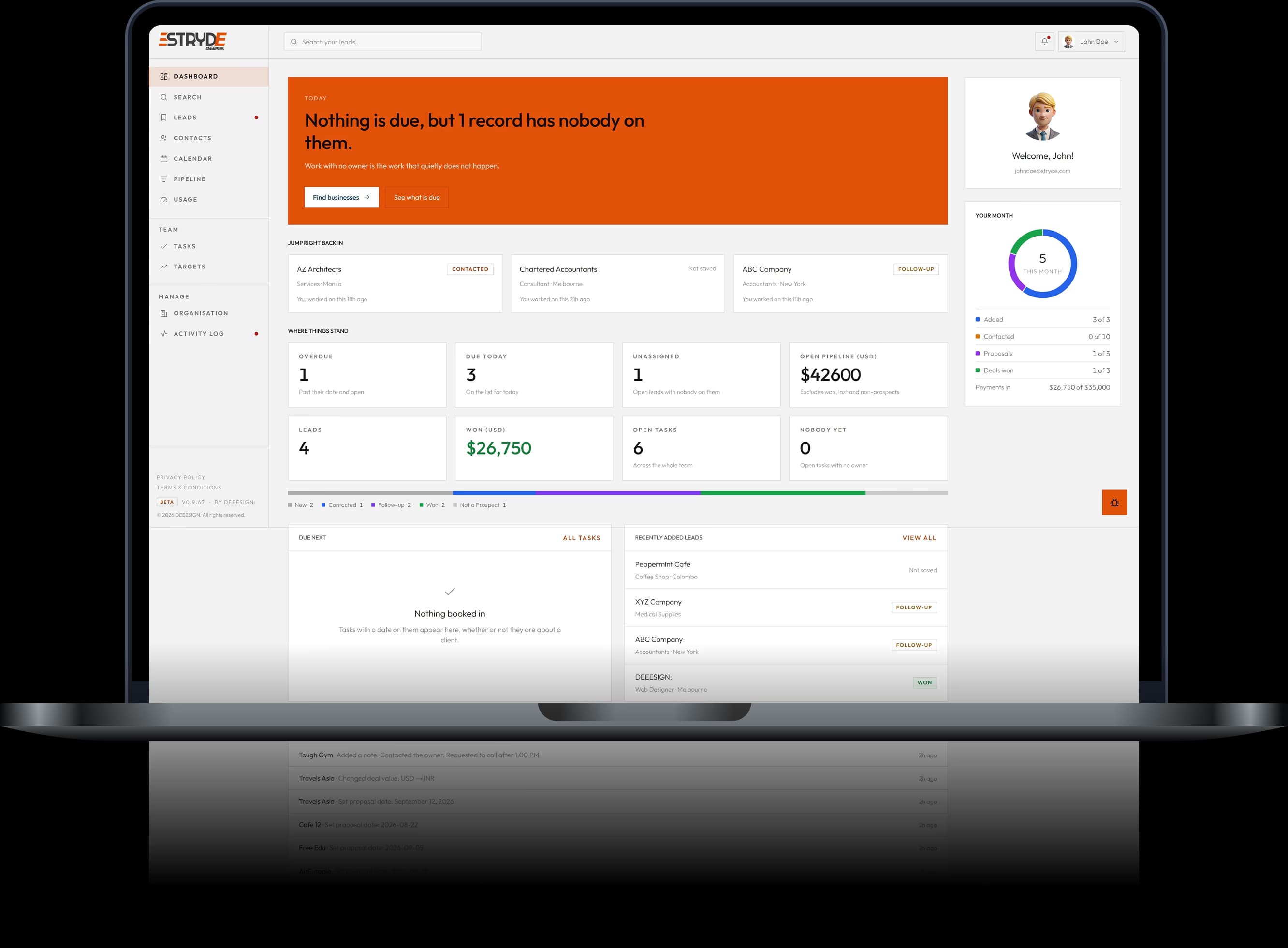 The Stryde dashboard, showing follow-ups, pipeline and targets.